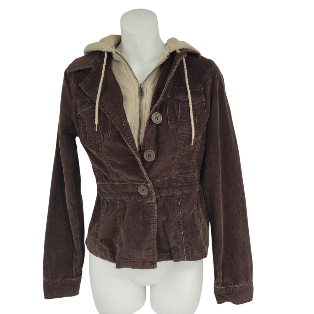 Nori Corduroy Jacket Women S Brown Hooded Button Up Layered Look Y2K Utility Vtg